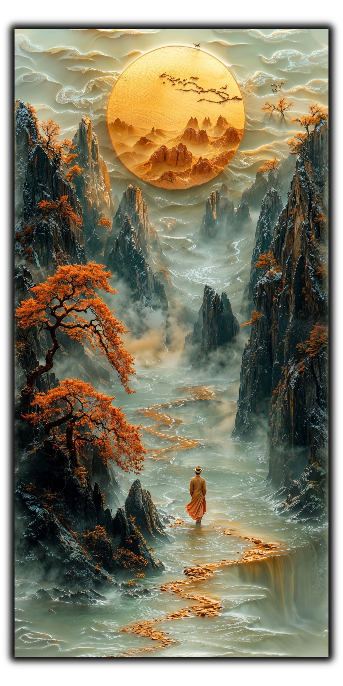 Mockup 7 – Tablou pentru living – Lumina din depărtare: O cale aurie spre munți, apă și spațiu interior, print UV pe sticlă securizată | Art-Zen
