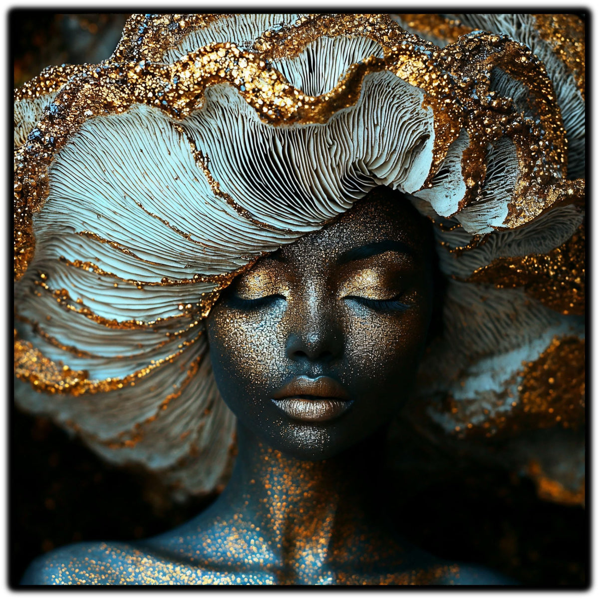 Tablou abstract Tidal Bloom cu portret feminin și o formă fluidă, sidefie, care curge ca un val peste capul femeii