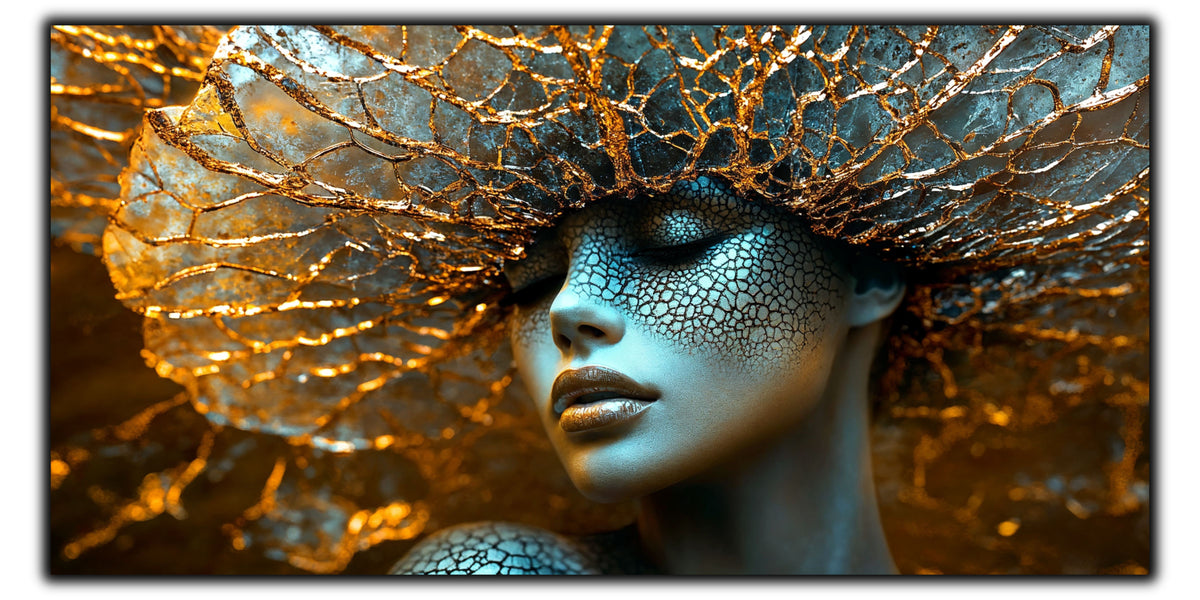 Tablou abstract Veiled Mycelium cu portret feminin și rețea miceliană aurie