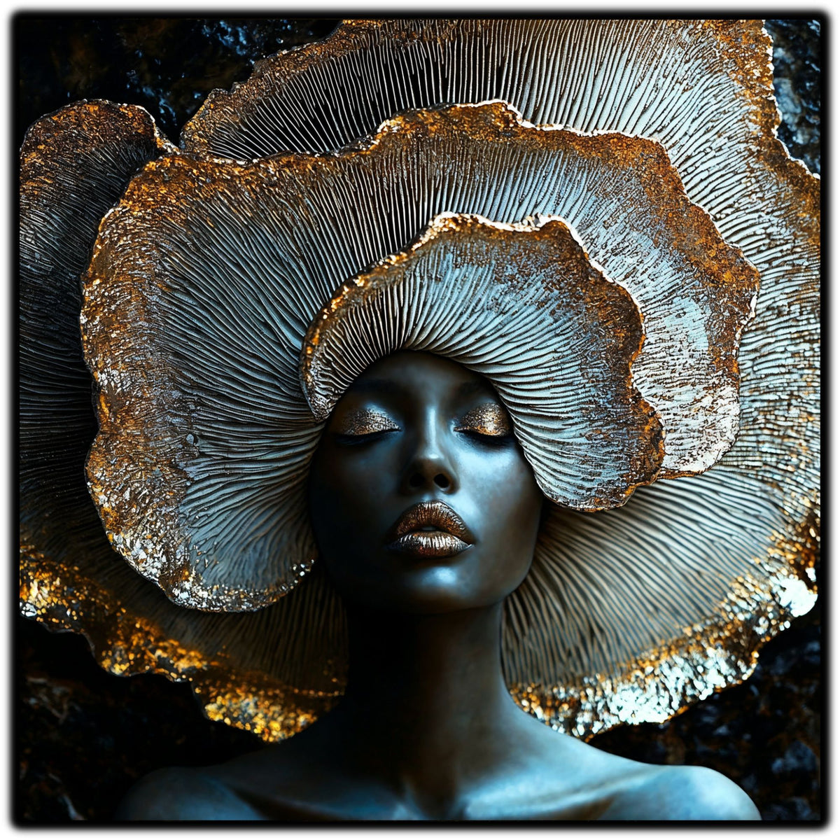 Tablou abstract Silent Mycelium cu portret feminin și un val pale de lamele organice care se deschide ca o cochilie