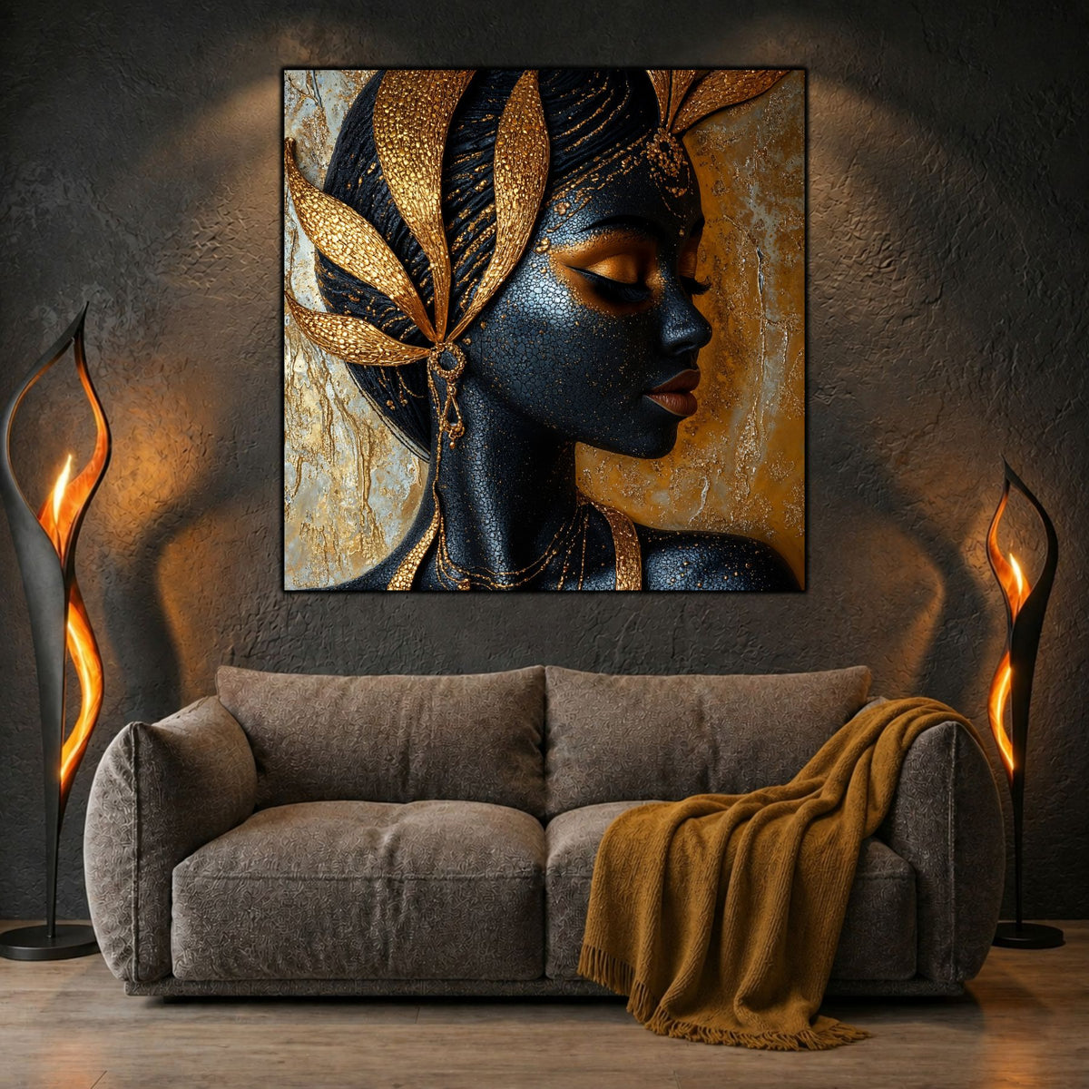 Tablou living Gilded Profile deasupra unui pat, într-un dormitor modern și liniștit.
