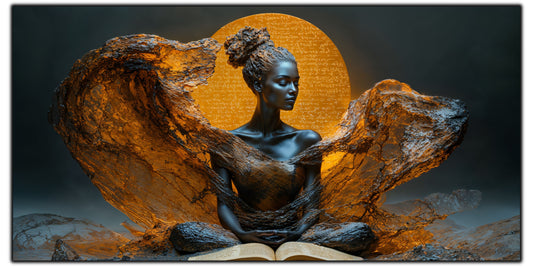 Tablou pentru living Written in Gold pe sticlă securizată, figură feminină cu aripi inscripționate în auriu, colecția Sacred Stillness Art-Zen