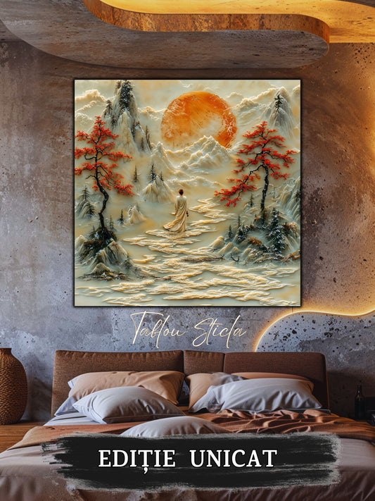 Mockup 2 – Tablou pentru living – Poiana fără grabă: Lumina aurie, munții și cărarea care se lasă privită, print UV pe sticlă securizată | Art-Zen