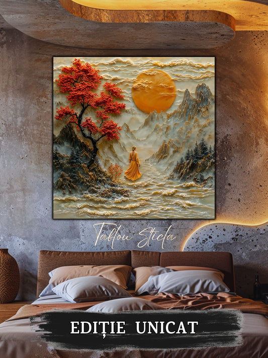 Mockup 2 – Tablou pentru living – Luna din valea albă: Un drum de apă, un cer auriu și relieful contemplativ, print UV pe sticlă securizată | Art-Zen