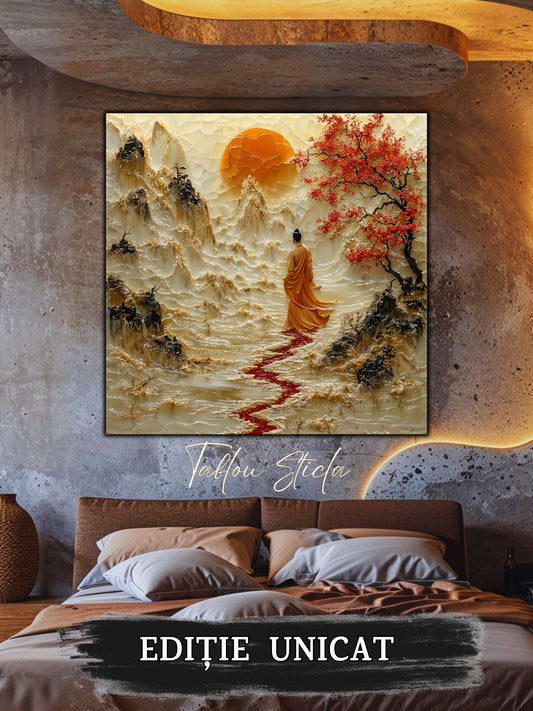 Mockup 2 – Tablou pentru living – Drumul de cinabru: Mersul curajos al unui călător spre lumina din depărtare, print UV pe sticlă securizată | Art-Zen