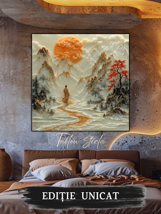 Mockup 2 – Tablou pentru living – Locul unde se oprește timpul: O femeie, munții și o liniște luminoasă, print UV pe sticlă securizată | Art-Zen