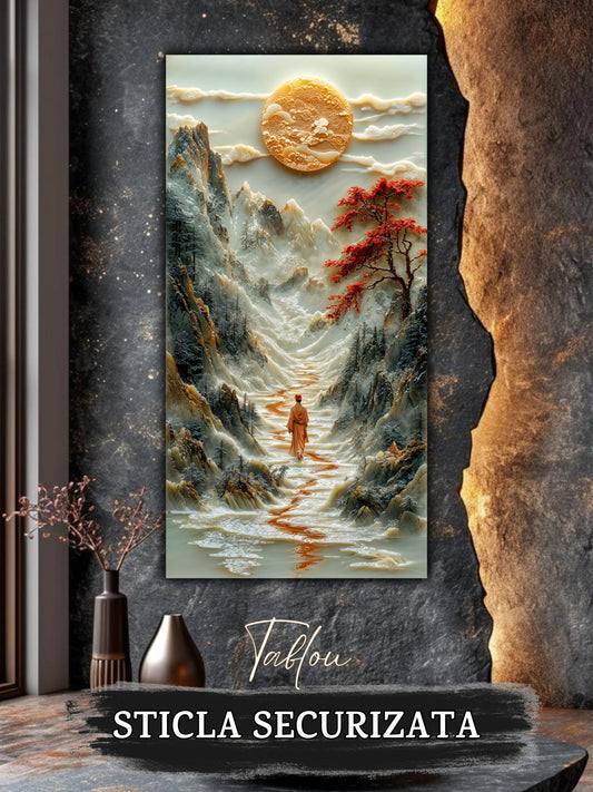 Mockup 2 – Tablou pentru living – Pași printre petale: O femeie, petale roșii și o vale în mișcare, print UV pe sticlă securizată | Art-Zen