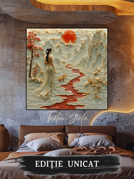 Mockup 2 – Tablou pentru living – Arborii care păstrează lumina: Munți, ramuri roșii și o clipă de tăcere, print UV pe sticlă securizată | Art-Zen