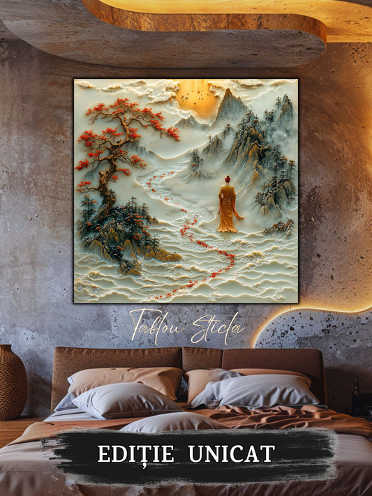Mockup 2 – Tablou pentru living – Râul de cinabru: Un fir roșu care traversează calm peisajul montan, print UV pe sticlă securizată | Art-Zen