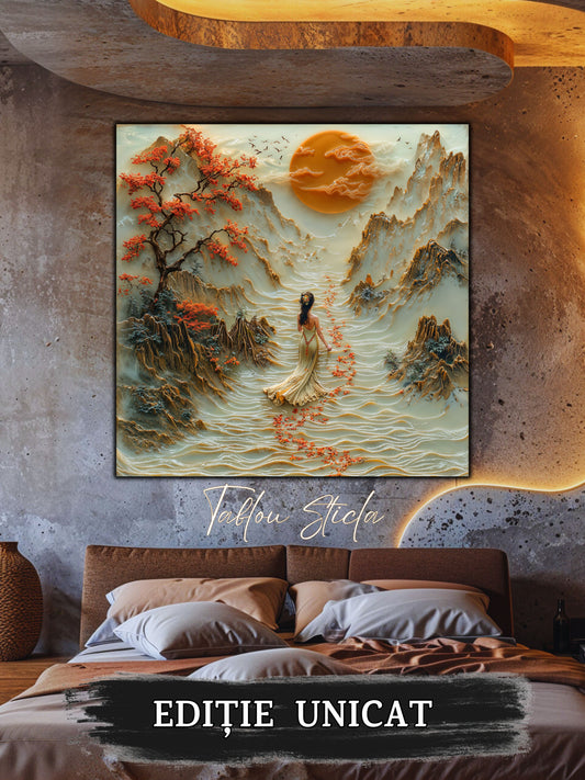 Mockup 2 – Tablou pentru living – Păsările din zori: Un cer cald, o lună plină și spațiu pentru respirație, print UV pe sticlă securizată | Art-Zen