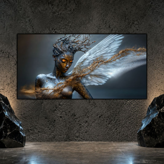 Tablouri moderne living Aripa Albă a Devenirii, cu siluetă feminină, aripă albă și ramuri aurii pe perete mineral.