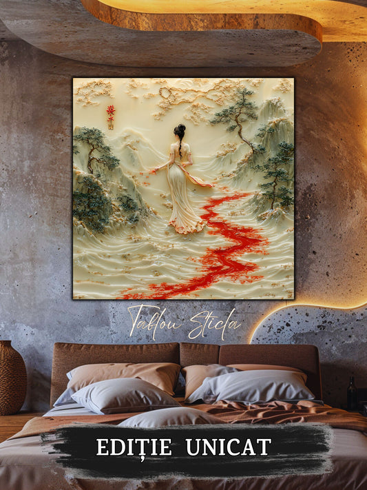 Mockup 2 – Tablou pentru living – Apa care își amintește: Un mal liniștit, o prezență fină și o cărare de apă, print UV pe sticlă securizată | Art-Zen