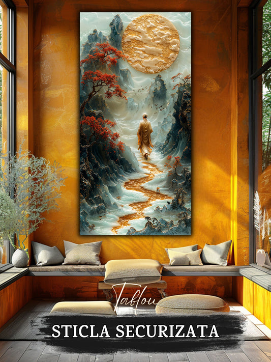 Mockup 2 – Tablou pentru living – Vârful de chihlimbar: Munți în relief, lună aurie și o figură în contemplare, print UV pe sticlă securizată | Art-Zen