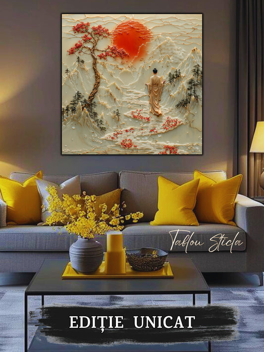 Mockup 2 – Tablou pentru living – Apa de sub soare: O cale fluidă care leagă munții de o lumină blândă, print UV pe sticlă securizată | Art-Zen