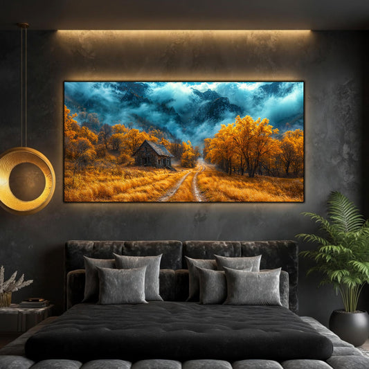Tablou modern pentru sufragerie „The Mountain Keeps Watch” – peisaj din The Long Way Home în amenajare interioară