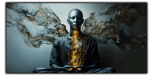 Tablou pentru living The Silent Testament pe sticlă securizată, figură masculină cu aripi întunecate și aur interior, colecția Sacred Stillness Art-Zen