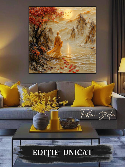 Mockup 2 – Tablou pentru living – Răgazul dintre munți: Drumul liniștit dintre apă, munți și lumină, print UV pe sticlă securizată | Art-Zen
