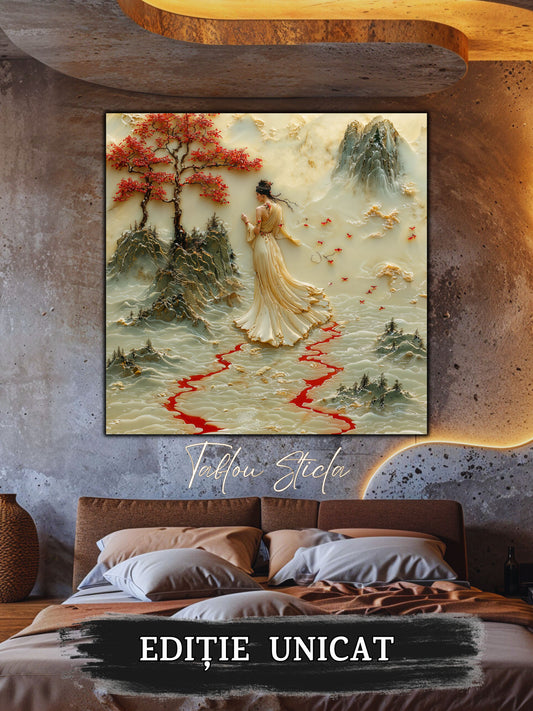 Mockup 2 – Tablou pentru living – Zbor sub luna aurie: Un răgaz de libertate între păsări, lună și munți, print UV pe sticlă securizată | Art-Zen