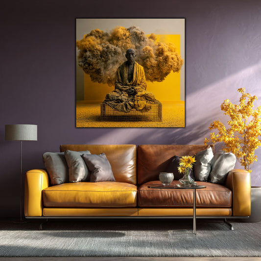 Tablou mare pentru sufragerie, design zen luxury cu accente de galben vivid și iluminare cinematică.