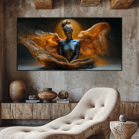 Tablou living Dincolo de Foc pe perete de piatră brută cu fotoliu crem într-un interior rustic natural
