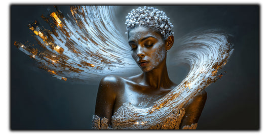 Portret feminin argintiu cu valuri masive de lumină albă și aur pe fond albastru-antracit – tablou pe sticlă securizată Beyond | Art Zen