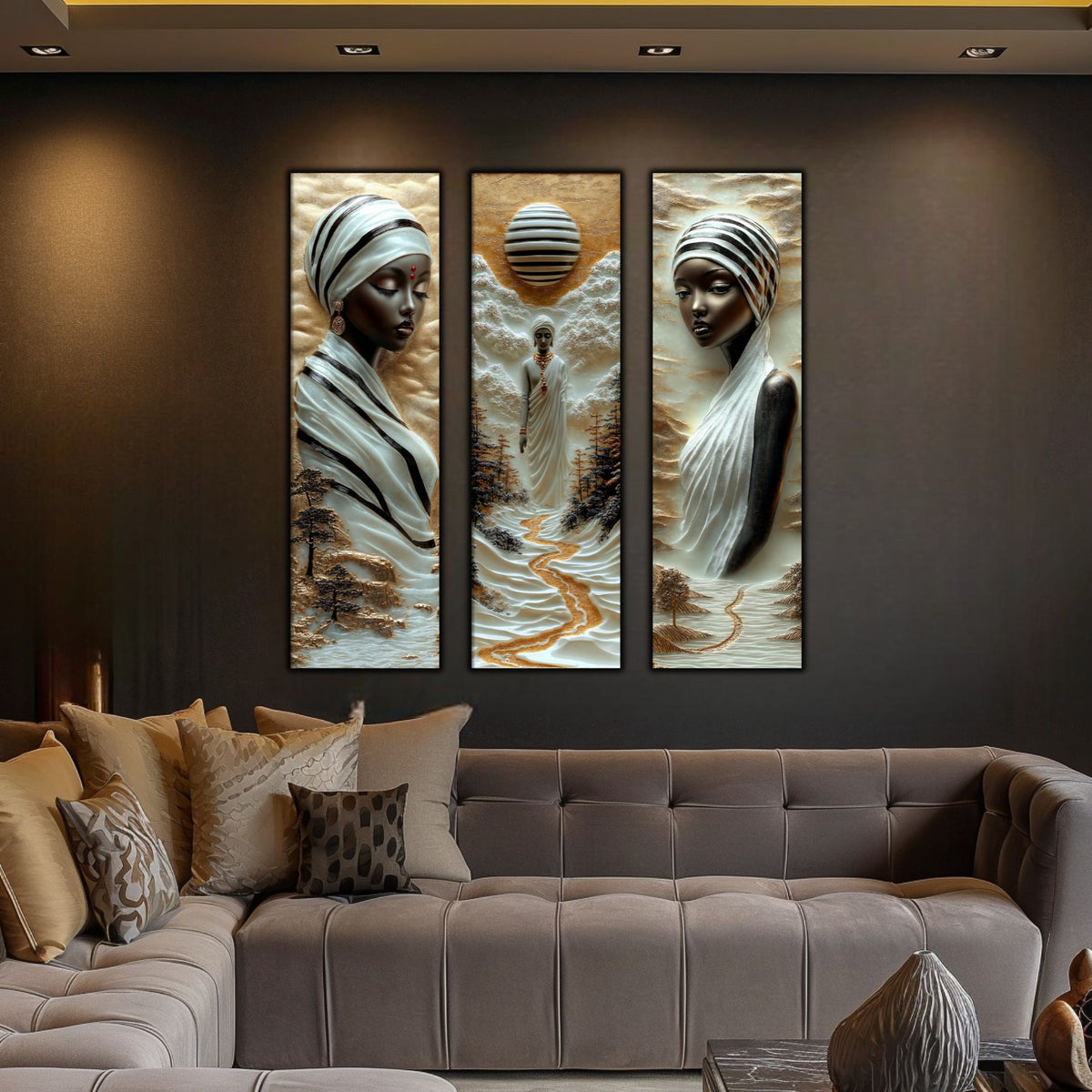Set Tablouri pt Decorul Elegant al Livingului - 3 Tablouri pe Sticla - Veil of Serenity NO04