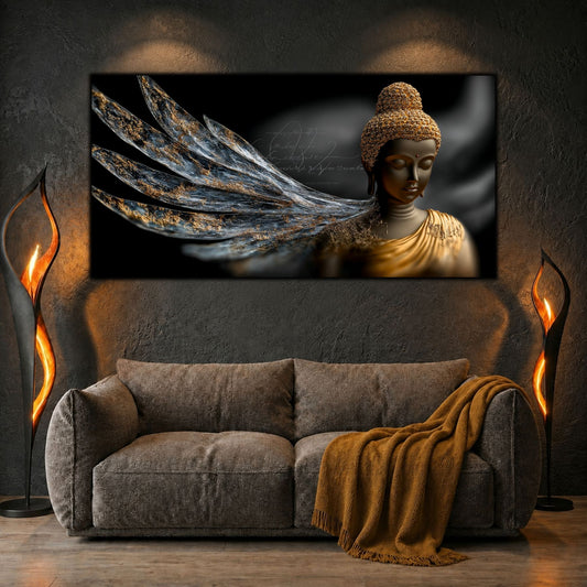Tablou panoramic cu o figură inspirată de Buddha și un văl cristalin fracturat, expus într-un living antracit