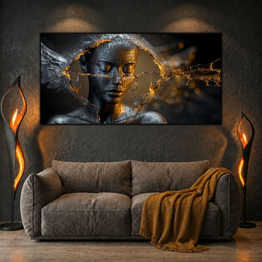 Tablou panoramic cu portret mineral și văl circular transparent, prezentat într-un lounge antracit cu lumină ambientală caldă