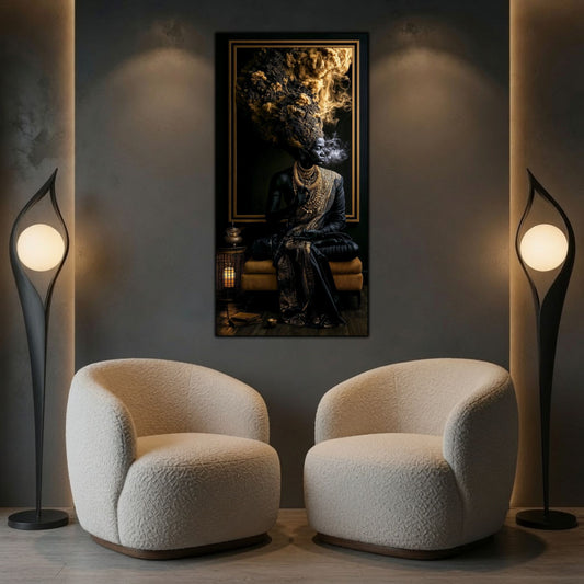 Tablou mare pentru sufragerie, design cinematic zen-luxury cu accente negre și aurii.