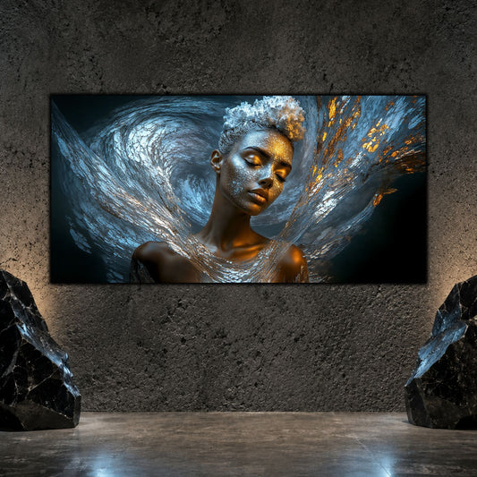 Tablou decorativ living Aripile Metamorfozei, chip înclinat între aripi abstracte argintii, expus într-un decor mineral.