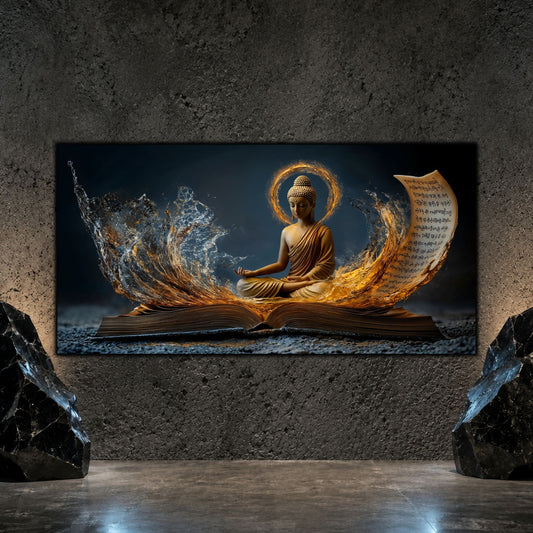 Tablou Living Elegant Cartea din care Răsare Liniștea, cu valuri aurii și argintii, expus pe un perete mineral între forme sculpturale negre.