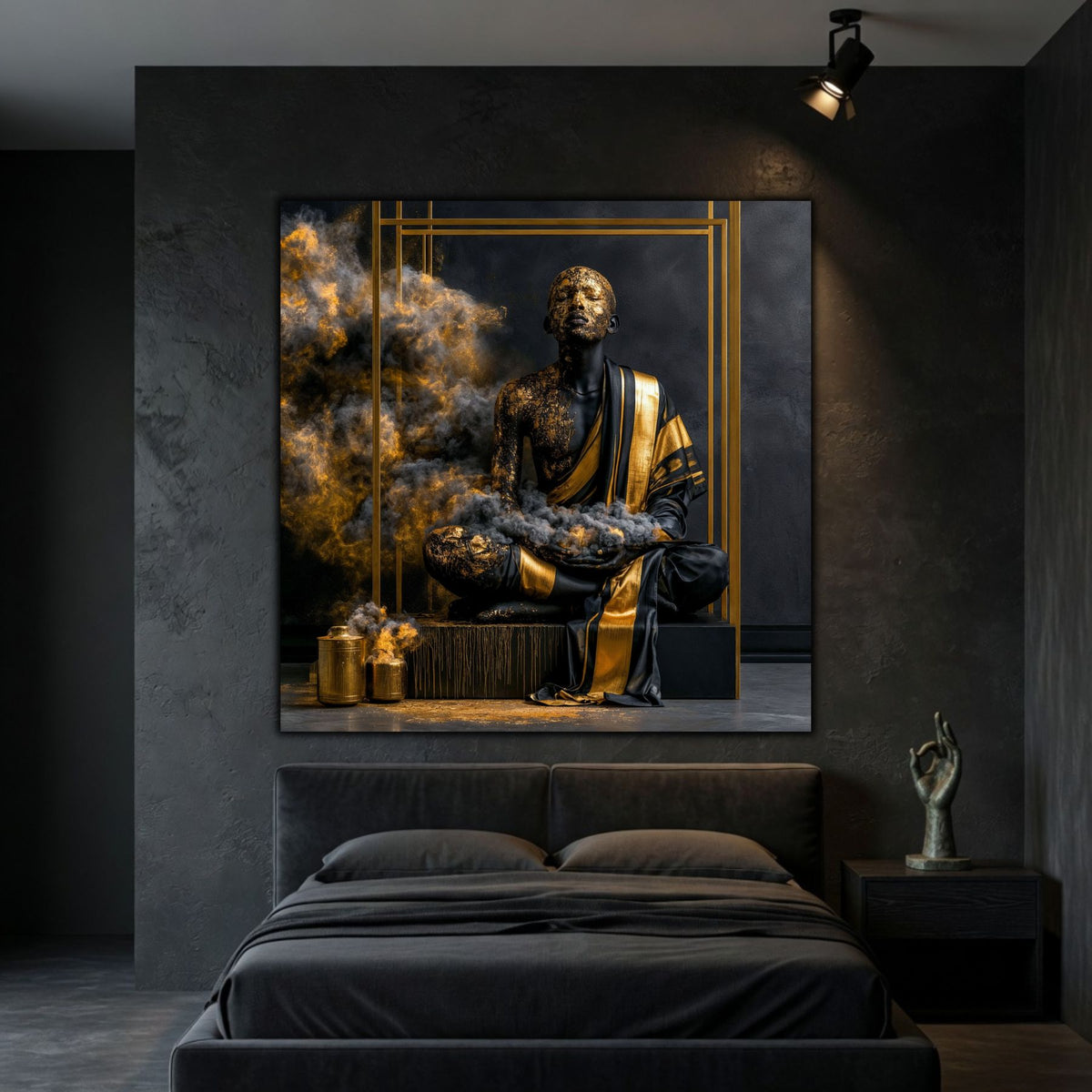 Tablou living Ofranda – colecția Still Becoming – sticlă ultra-clară 4mm asezat pe peretele unui dormitor minimalist in culori inchise