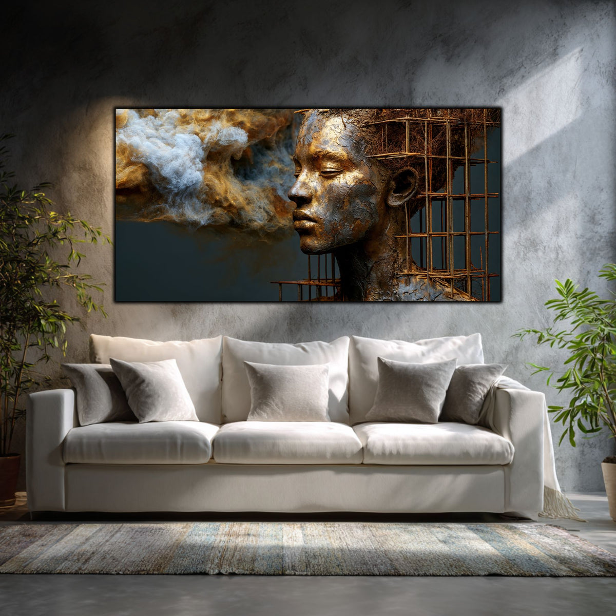 Tablou pentru living cu personalitate, deasupra canapelei albe, cintrast luxuriant.