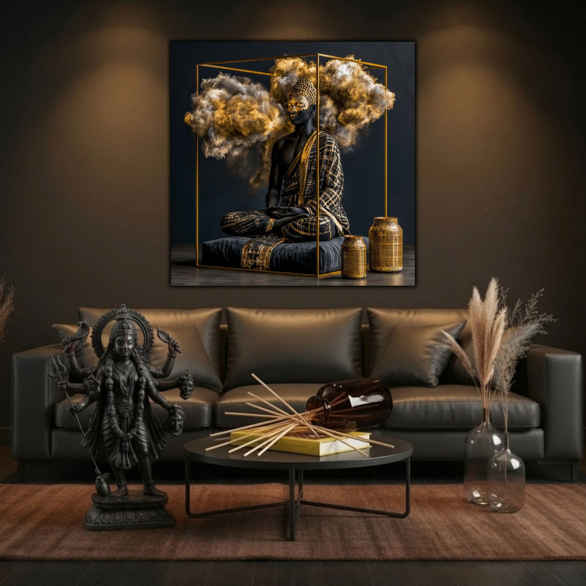 Tablou pătrat din sticlă, element central de decor pentru peretele unei sufragerii elegante.