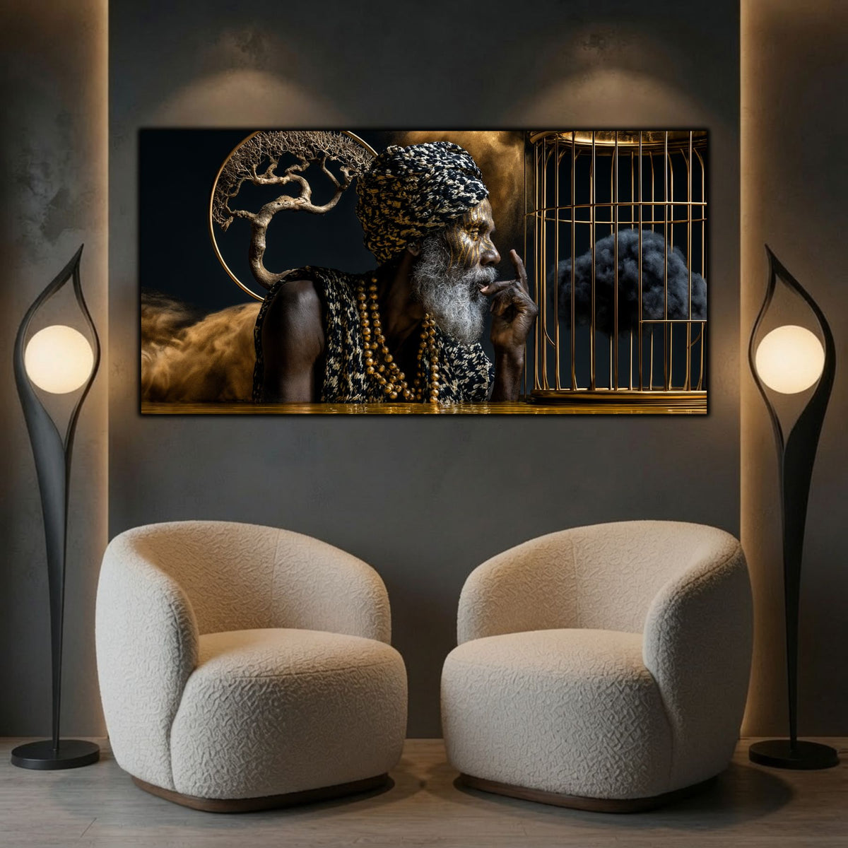 Tablou de artă zen pe sticlă, element central de decor integrat armonios pe peretele unei sufragerii elegante.