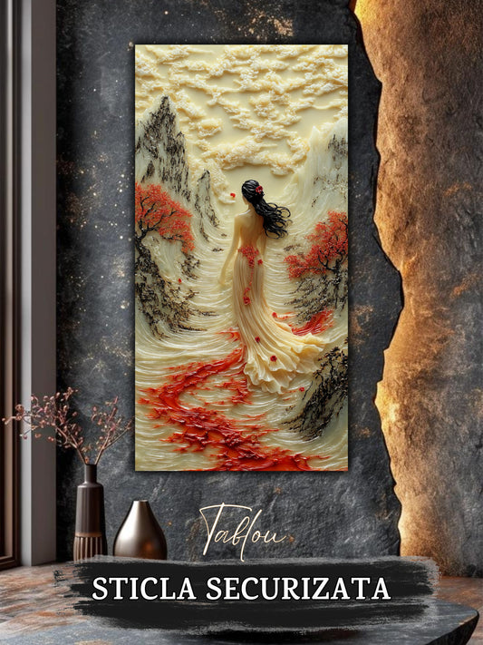 Mockup 2 – Tablou pentru living – Vântul de pe vale: O prezență feminină și o curgere luminoasă a drumului, print UV pe sticlă securizată | Art-Zen
