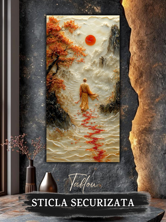 Mockup 2 – Tablou pentru living – Soarele de dincolo: Un călător în fața muntelui, sub o lumină rotundă, print UV pe sticlă securizată | Art-Zen