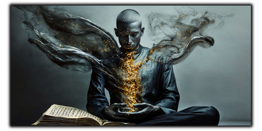 Tablou pentru living The Gold That Remains pe sticlă securizată, figură masculină cu aur interior și aripi de fum, colecția Sacred Stillness Art-Zen