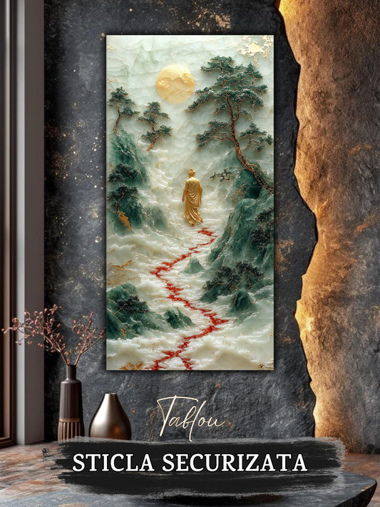 Mockup 2 – Tablou pentru living – Întoarcerea spre sine: O singură prezență, apa și munții în lumina tăcerii, print UV pe sticlă securizată | Art-Zen