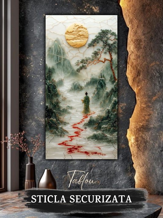 Mockup 2 – Tablou pentru living – Muntele răbdător: O siluetă mică și o cale roșie care deschide peisajul, print UV pe sticlă securizată | Art-Zen