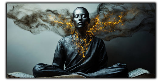 Tablou pentru living The Unbroken Vow pe sticlă securizată, figură masculină cu aripi minerale și text auriu, colecția Sacred Stillness Art-Zen