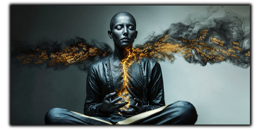 Tablou pentru living The Silent Script pe sticlă securizată, figură masculină cu fum negru și scriere aurie, colecția Sacred Stillness Art-Zen