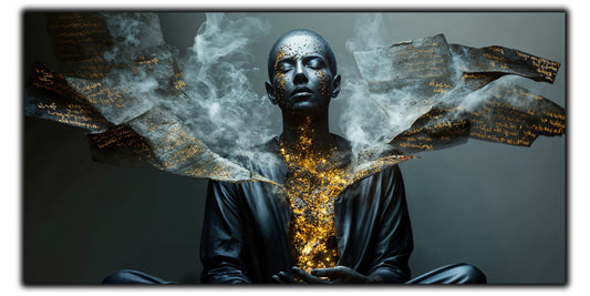 Tablou pentru living What Remains pe sticlă securizată, figură masculină cu fum, aur și cărți deschise, colecția Sacred Stillness Art-Zen