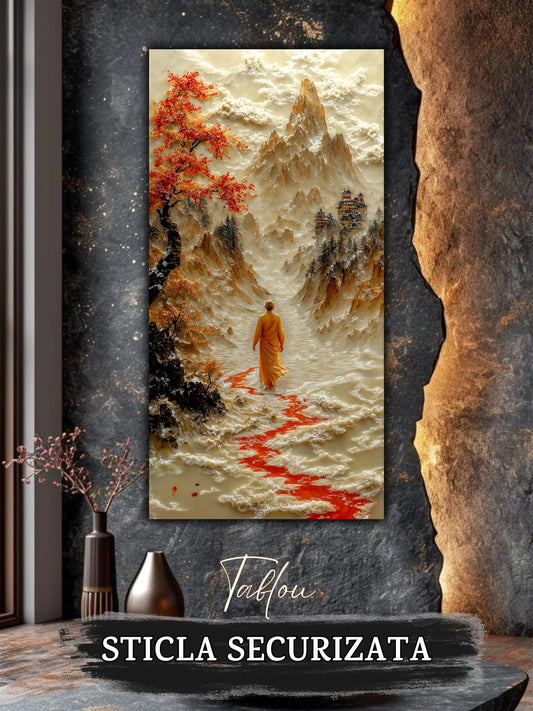 Mockup 2 – Tablou pentru living – Roșul care conduce: Mersul cald al unui călător prin arbori de toamnă, print UV pe sticlă securizată | Art-Zen