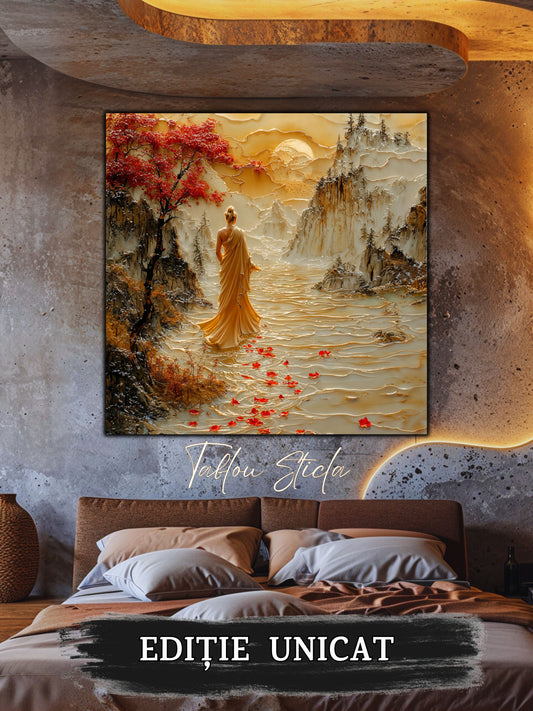 Mockup 2 – Tablou pentru living – Sub ramurile roșii: O siluetă care traversează o lume de toamnă și piatră, print UV pe sticlă securizată | Art-Zen