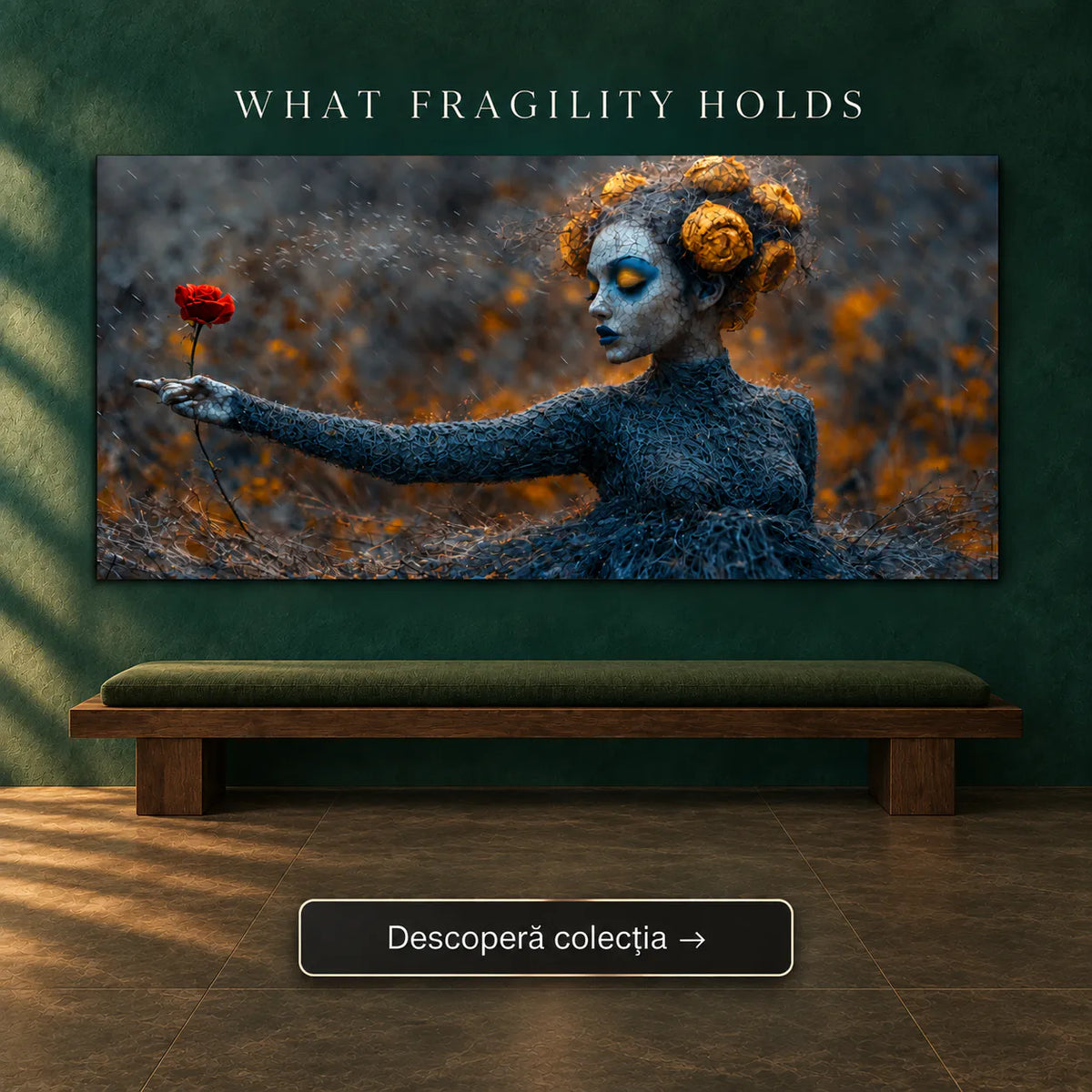Tablou dormitor zen cu chip sculptural din porțelan finisat craquelé, cocuri aurii și trandafir roșu – Colecția What Fragility Holds Art Zen
