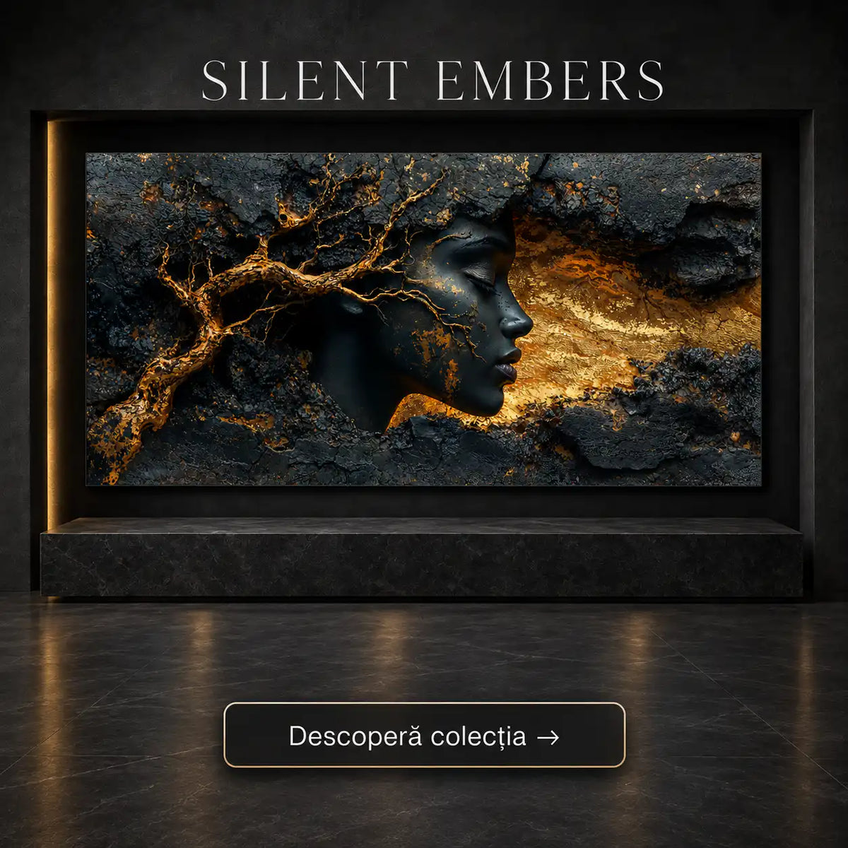 Tablou modern pentru living si sufragerie din colectia Silent Ember, printat uv pe sticla securizata, cu portret abstract feninin in nuante minerale de carbune si antracit si tonuri aurii.