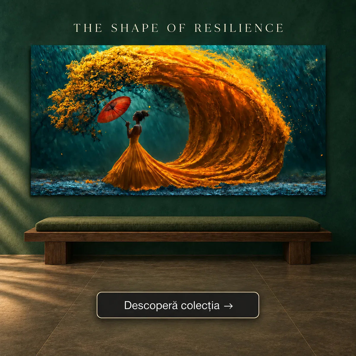 Tablou panoramic living cu femeie în rochie galbenă sub umbrelă roșie și val vegetal din flori aurii – Colecția The Shape of Resilience Art Zen