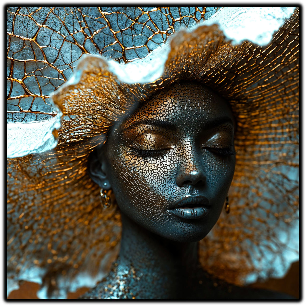 Tablou abstract Veiled Origin cu portret feminin și o pălărie organică ce coboară ca un voal peste ochi