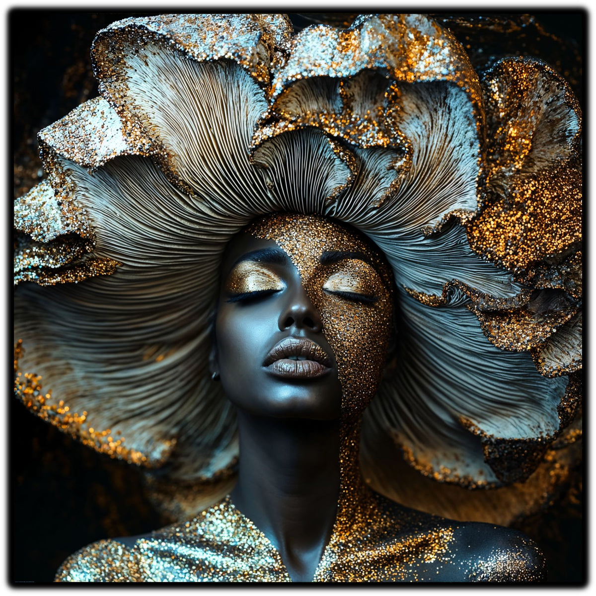 Tablou abstract Luminous Growth cu portret feminin și forme aurii care se desfac peste frunte precum o creștere de lumină